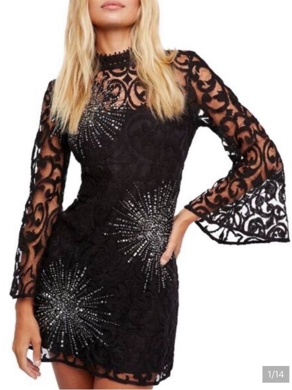 ✧ Free People ✧ Black Lace Bell-Sleeve Mini Dress with Sparkling Starburst ✧